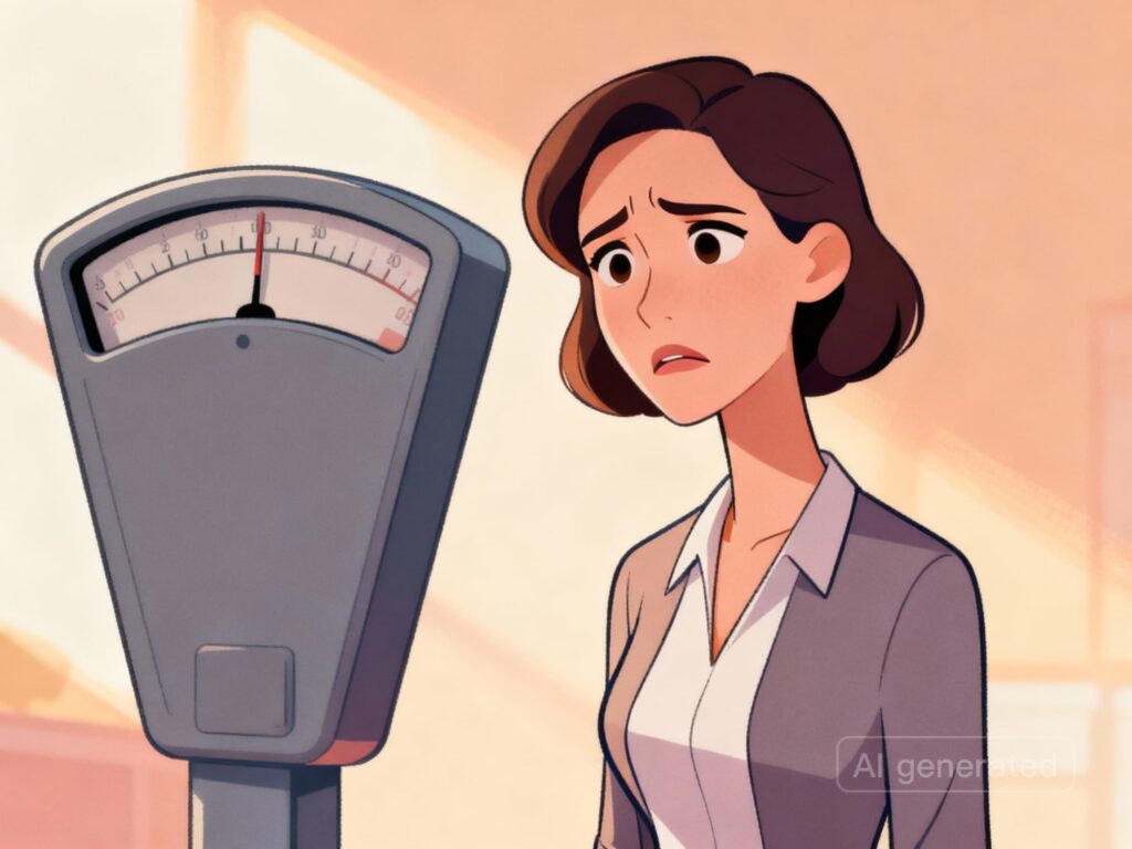 体重の現状維持が難しく、体重計の前で怪訝そうな顔をしている女性のイラスト