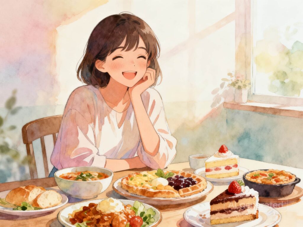 週末のご褒美、美味しそうな食べ物の前で嬉しそうに笑っている女性のイラスト