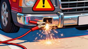 ブースターケーブルが車体に触れて火花が散っているイラスト