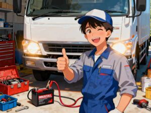 無事エンジンがかかり、親指を立てながら嬉しそうに笑っている男性のイラスト