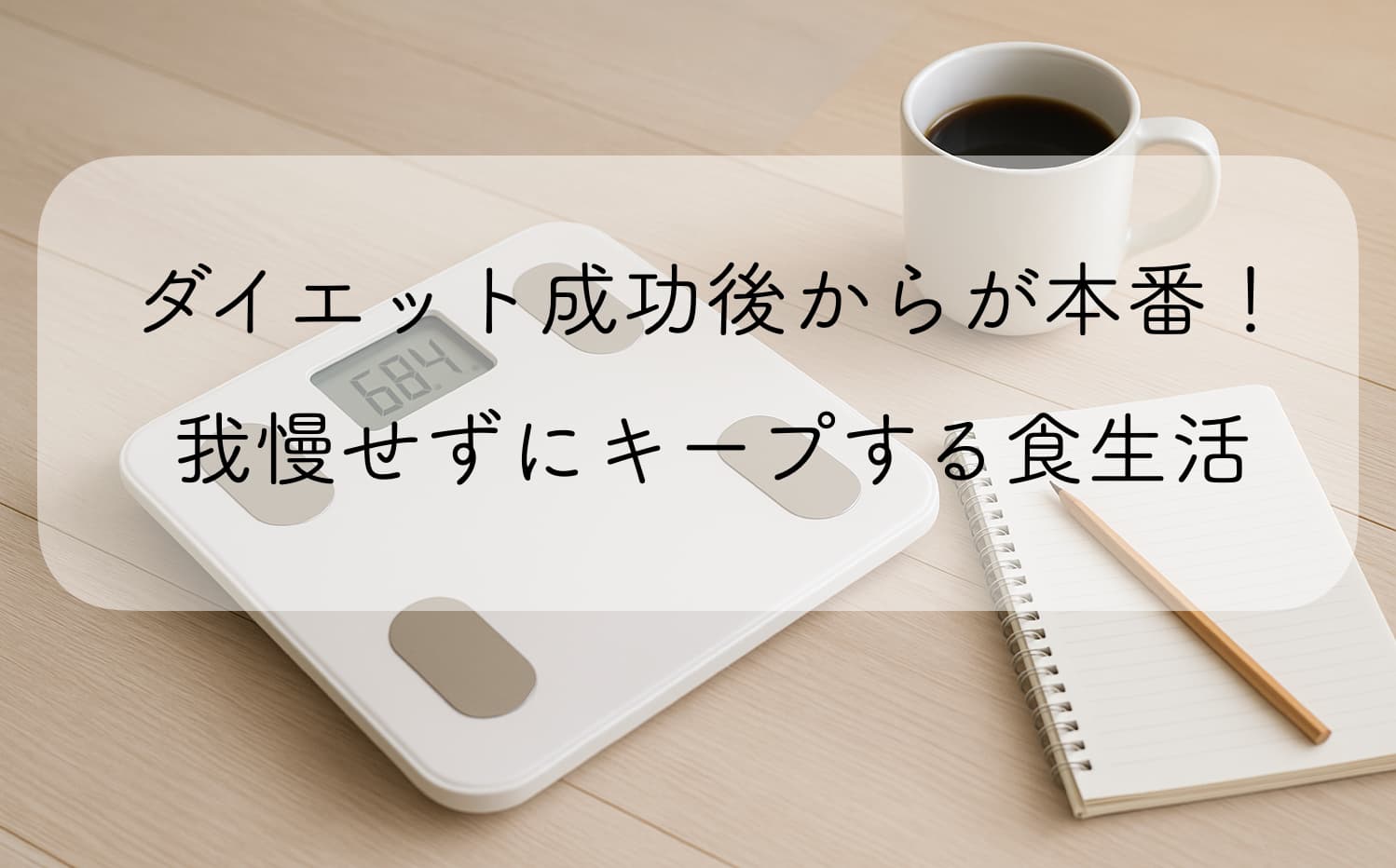 体重計とコーヒー、ノートが並ぶ。ゆるく体重管理を続けるイメージ