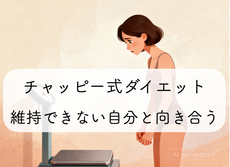 体重計の前で落ち込んでいる女性のイラスト