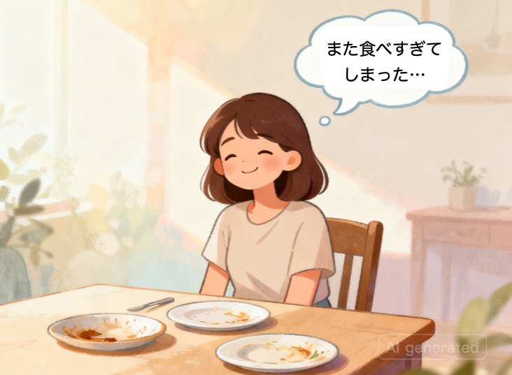 週末のご褒美を食べて「また食べすぎた」と反省しながらも、満足そうに微笑んでいる女性のイラスト