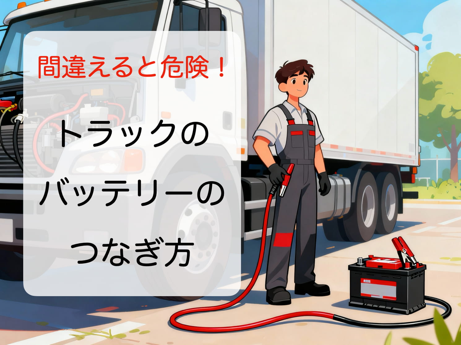 トラックのバッテリーをブースターケーブルで繋ぐ準備をしている男性のイラスト