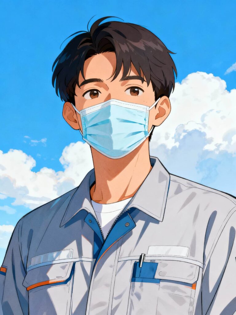 青空の下、マスクをした男性のイラスト