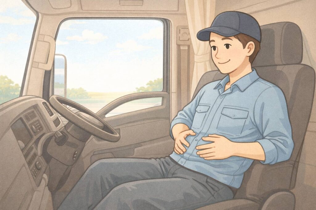 長時間座るトラック運転手が体幹を意識している様子のイラスト