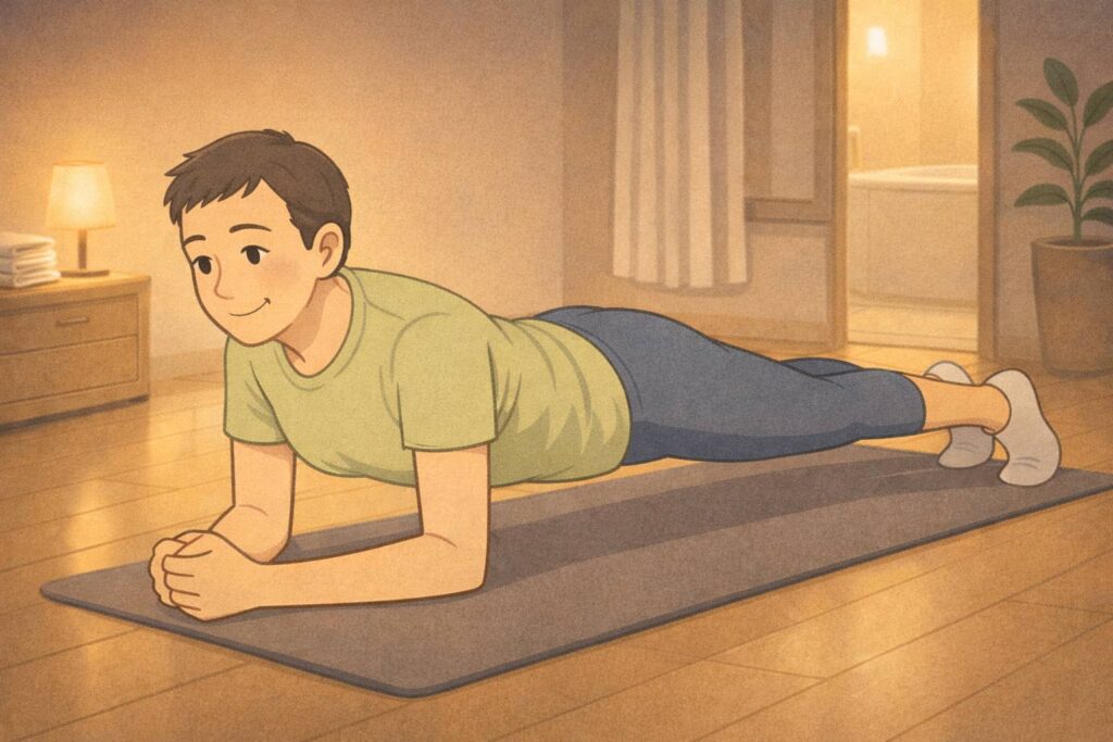 腰痛持ちの筆者が夜の自宅で無理なく続けているプランクのイラスト