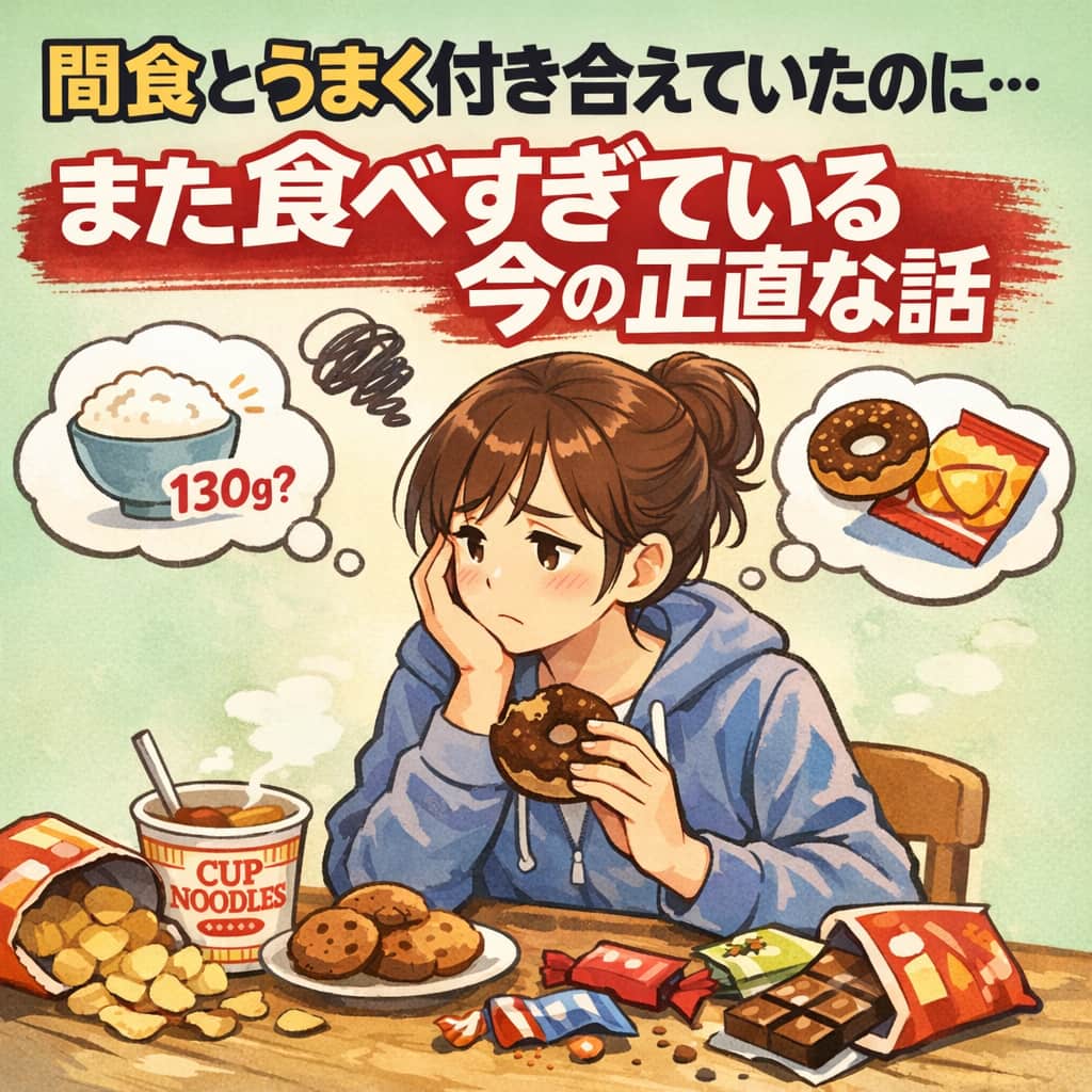 間食とうまく付き合えていたのに、また食べすぎている今の状態を表したイラスト