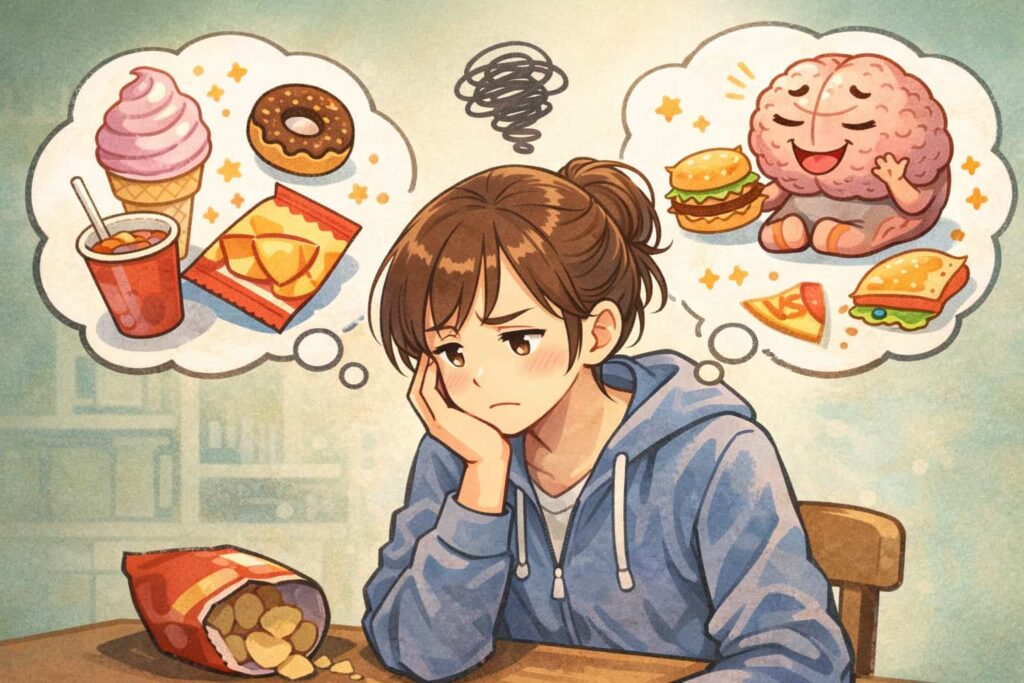 ジャンクフードの誘惑と理性の間で葛藤するダイエット中の心情を表したイラスト