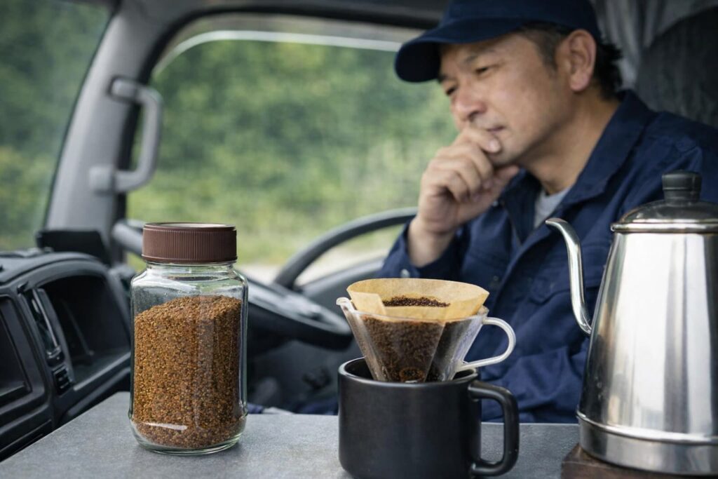 トラックの車内でインスタントコーヒーとドリップコーヒーを並べて、切り替えを悩んでいる様子