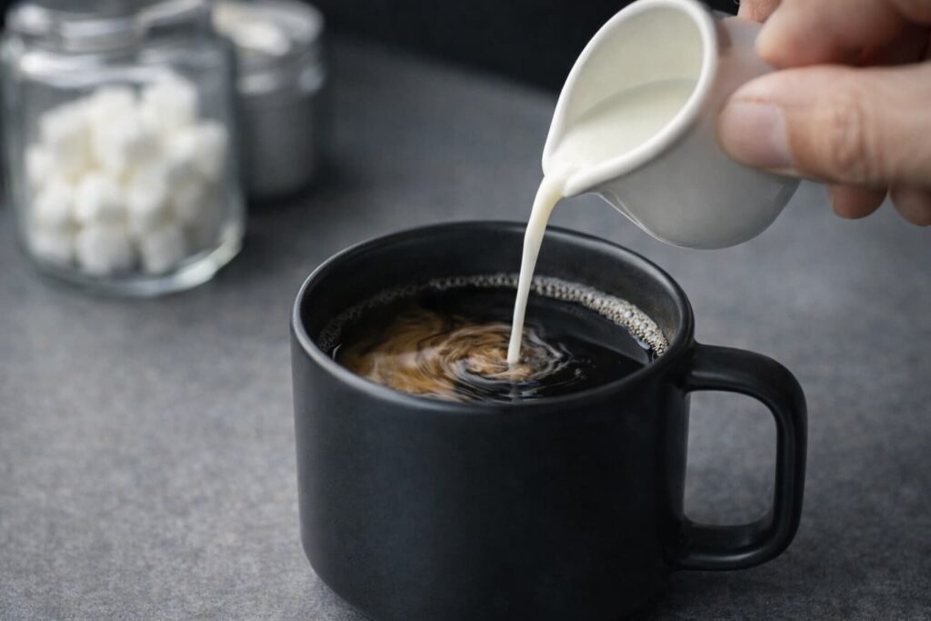 ブラックコーヒーに砂糖を入れず、ミルクだけを注いで飲みやすくしているコーヒーの様子
