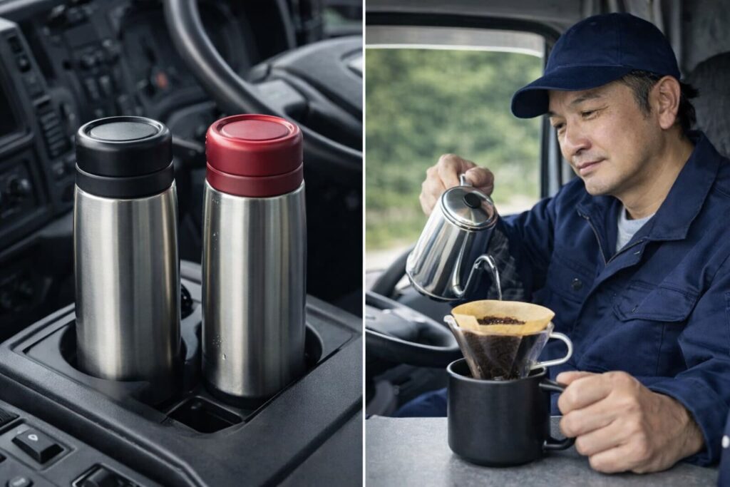 トラックのカップホルダーに置かれた、コーヒー用とお湯用の2本の水筒
