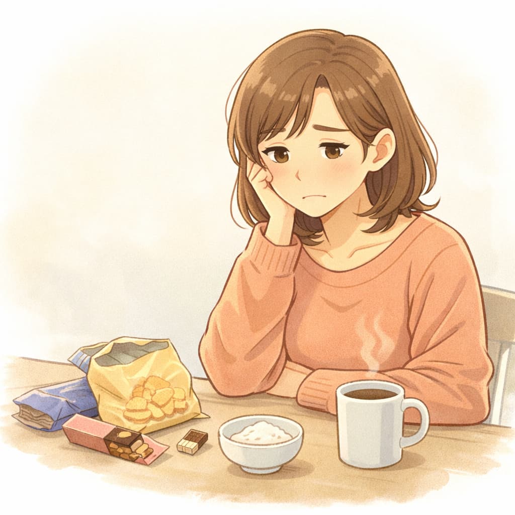 最近の食生活を振り返り、間食が増えて悩んでいる女性のイラスト