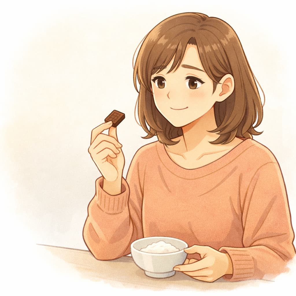 おやつは食べつつご飯の量を調整している女性のイラスト。