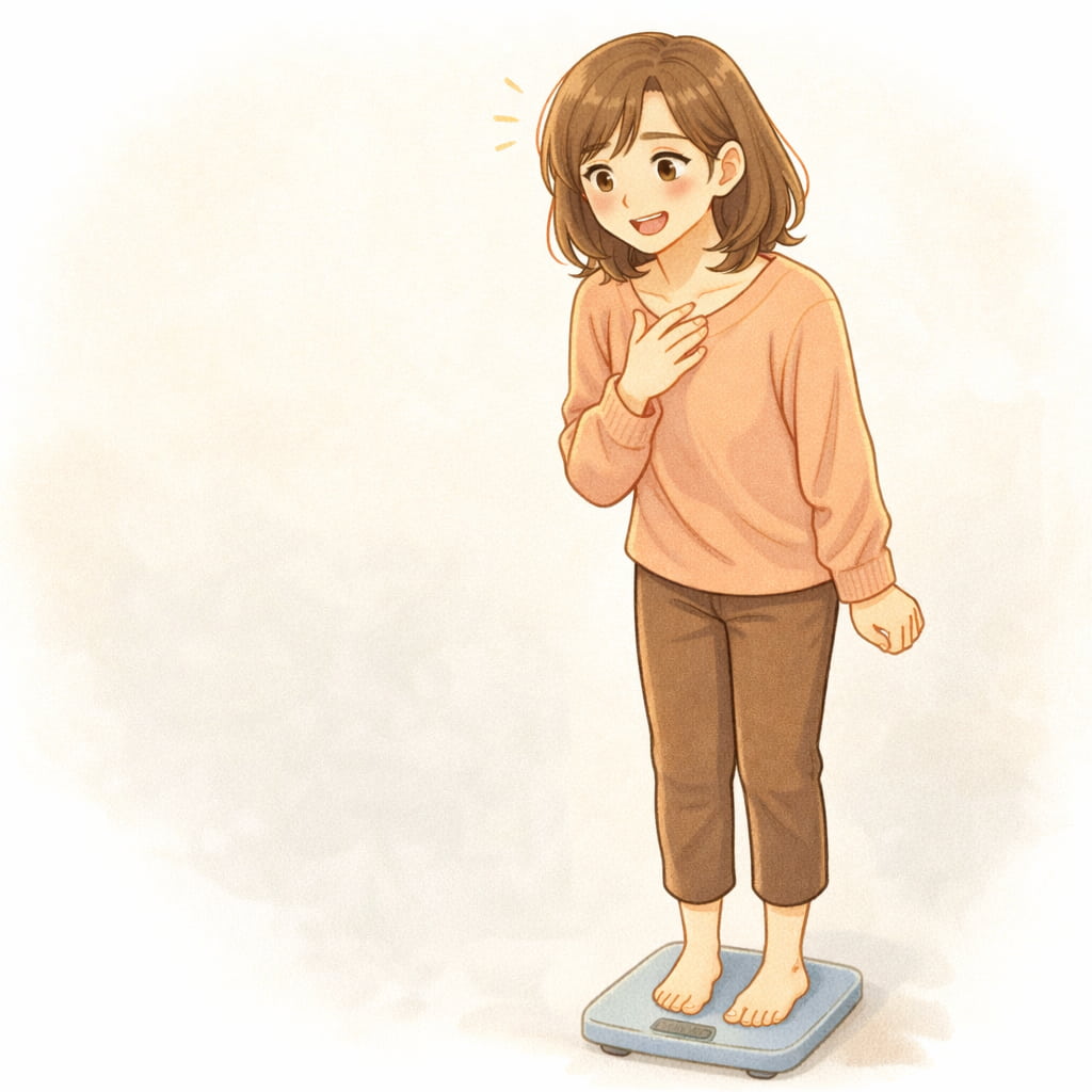 体重が増えず少し安心しているダイエット中の女性のイラスト。