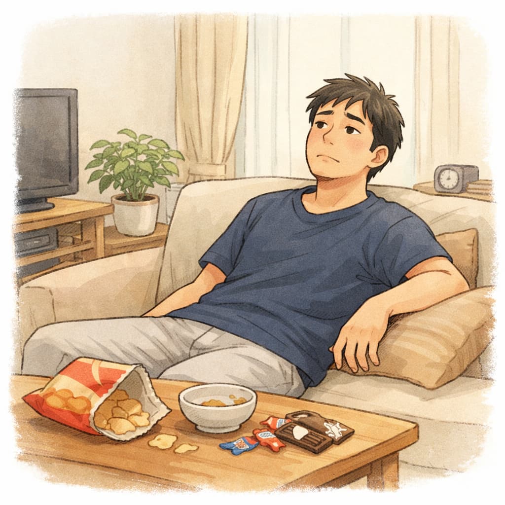 休みの日にお菓子を食べながら、ソファでぼーっとしている男性のイラスト