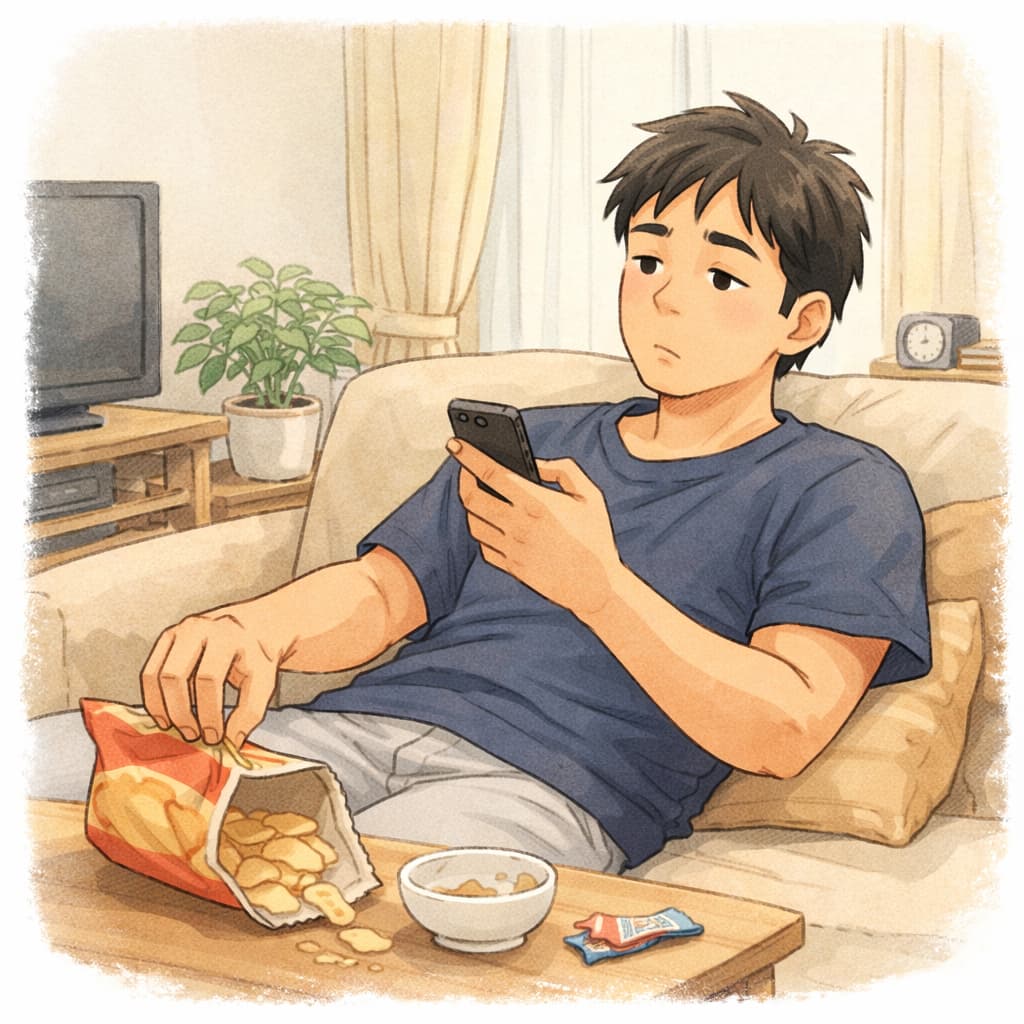 休みの日、スマホを見ながら無意識にお菓子に手を伸ばしている男性のイラスト