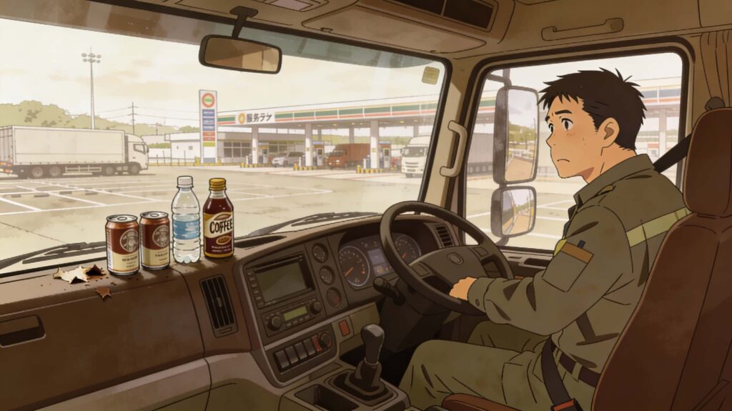トラックに缶コーヒーやペットボトルが邪魔そうに置かれ、困った顔をしている運転手のイラスト