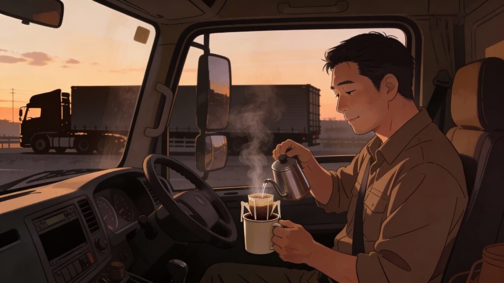 トラックの車内でドリップコーヒーを淹れて、香りでリラックスしている様子の運転手のイラスト。