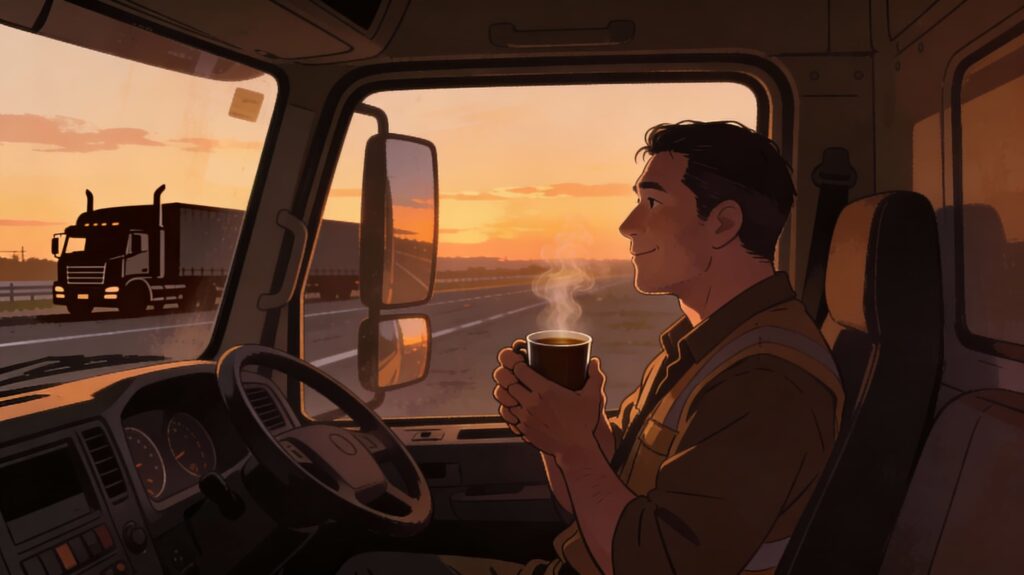 トラックの車内でコーヒーを飲み「もう少し頑張るか」という表情をしている運転手のイラスト。