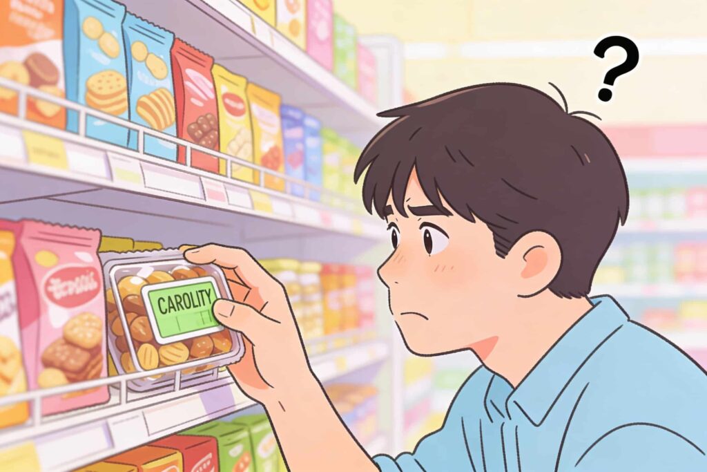 スーパーでカロリー見ながらお菓子手に取る人のイラスト。