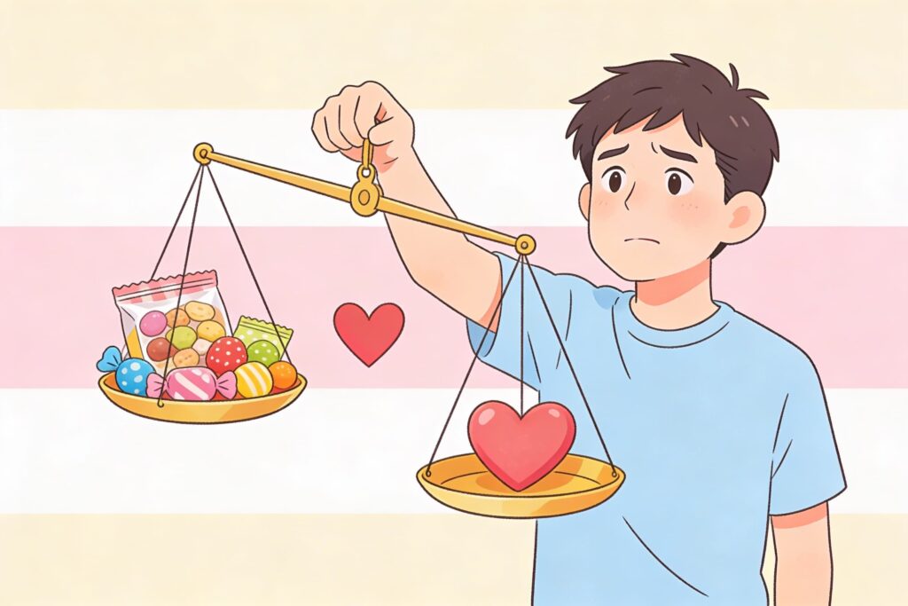 おやつとハートの間で天秤を持つ人。おやつとダイエットの気持ちを表している。
