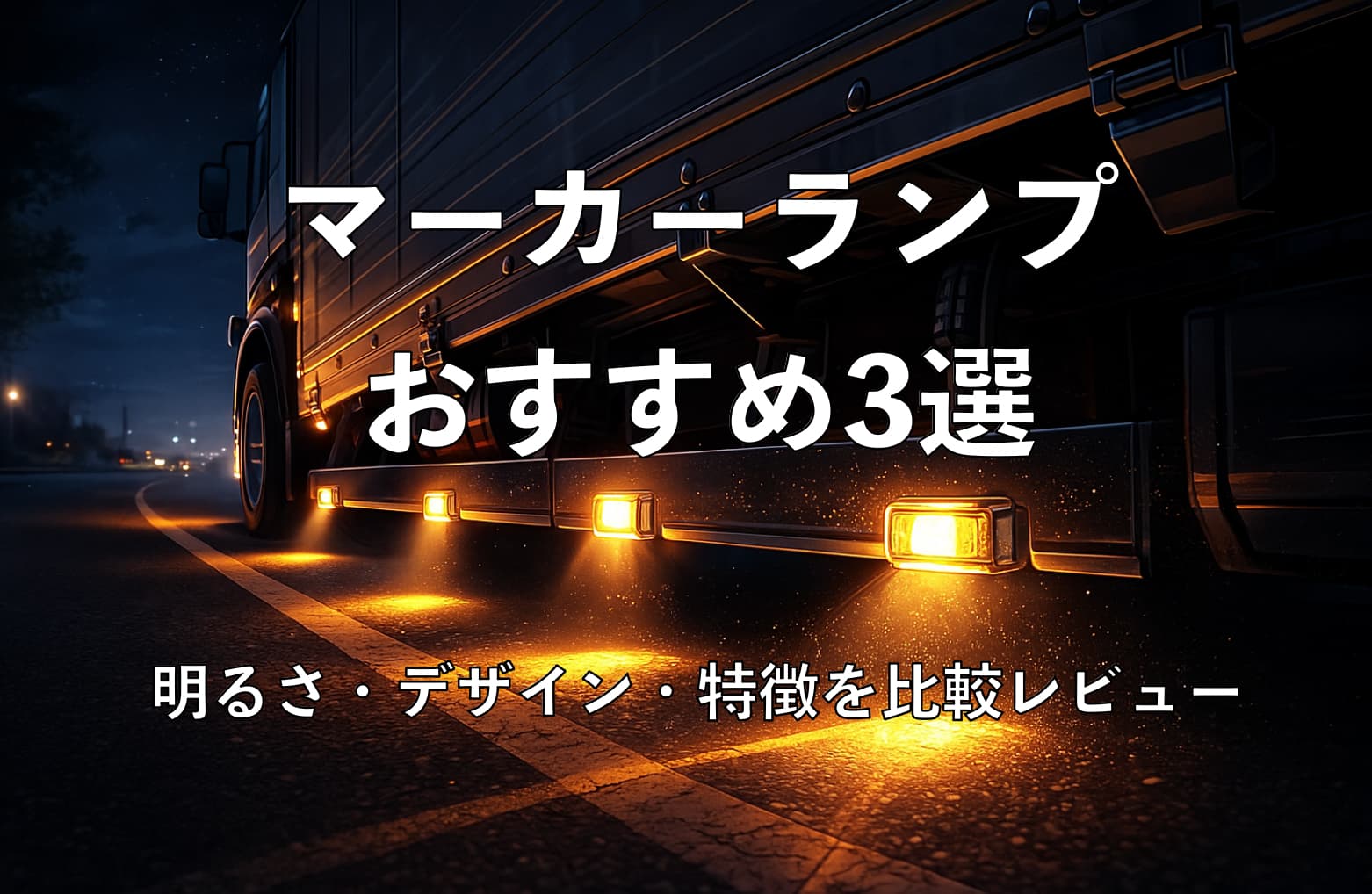 夜の道路でトラックのサイドマーカーがアンバー色に輝き、路面を照らしているイラスト