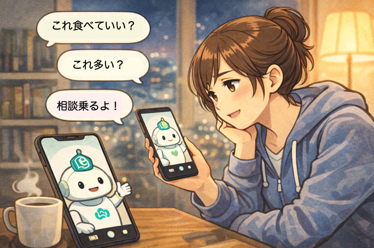 食べすぎを防ぐために夜の自宅でチャッピーに相談しているダイエット中のイラスト