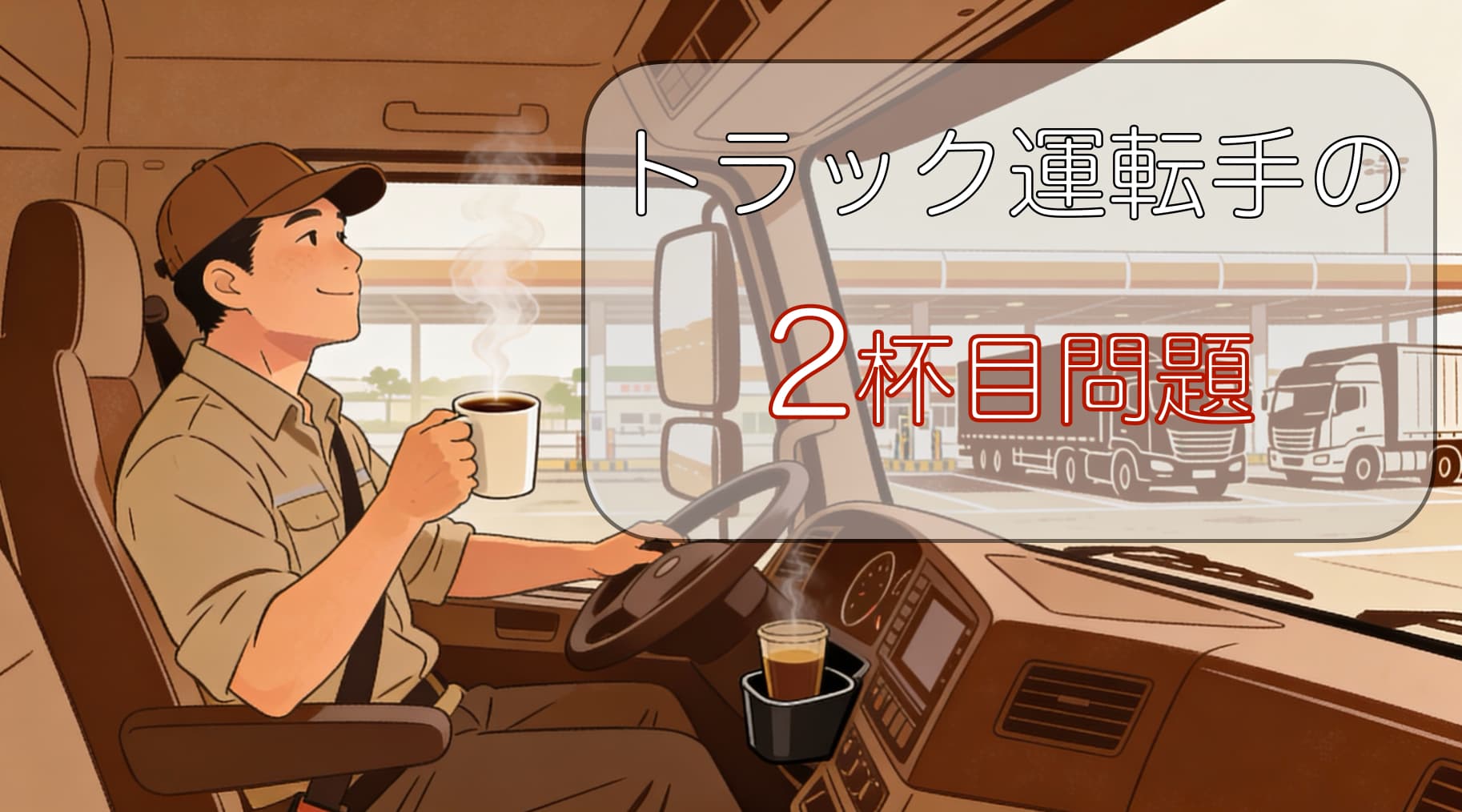 トラック運転手が車内でコーヒーを飲んでいるイラスト