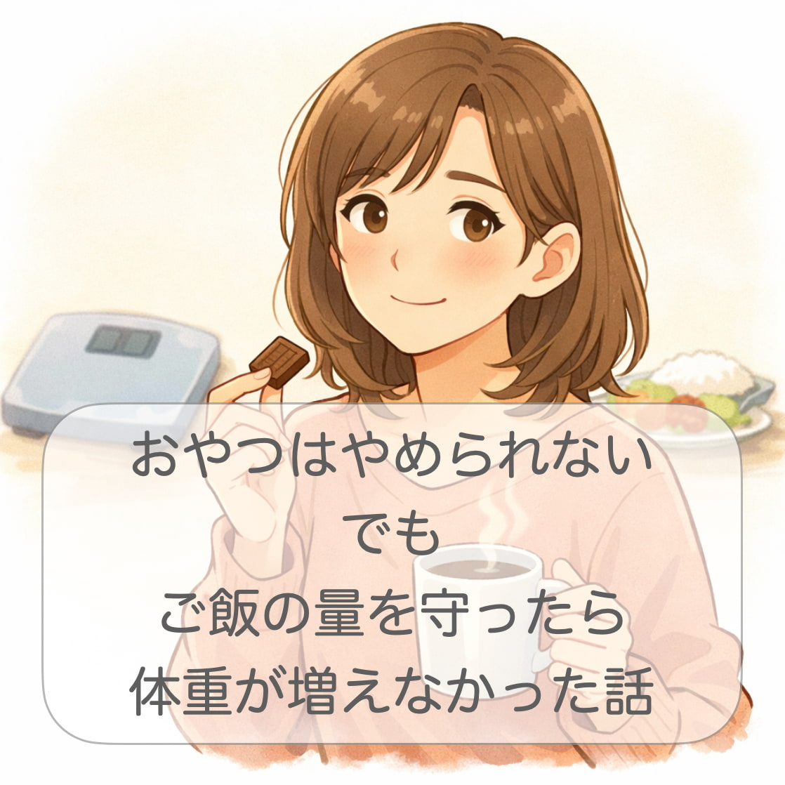 おやつを手にコーヒーを飲みながら、ダイエット中の間食について考えている女性のイラスト