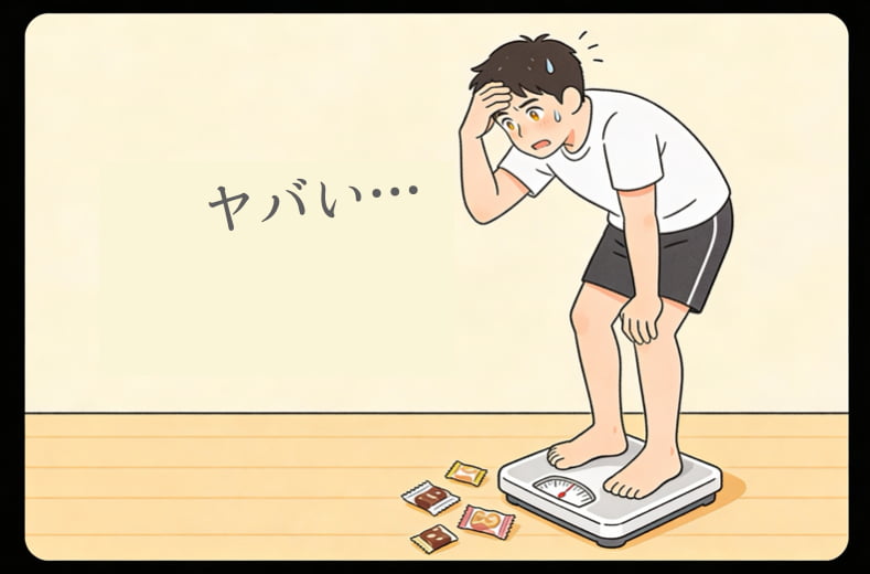 体重計を見て「ヤバい」と汗をかいて危機感を感じている男性のイラスト。