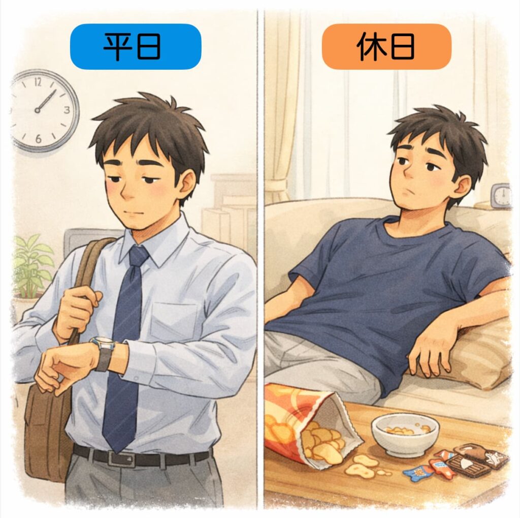 平日は忙しく、休日は時間が余っている同じ男性の対比イラスト