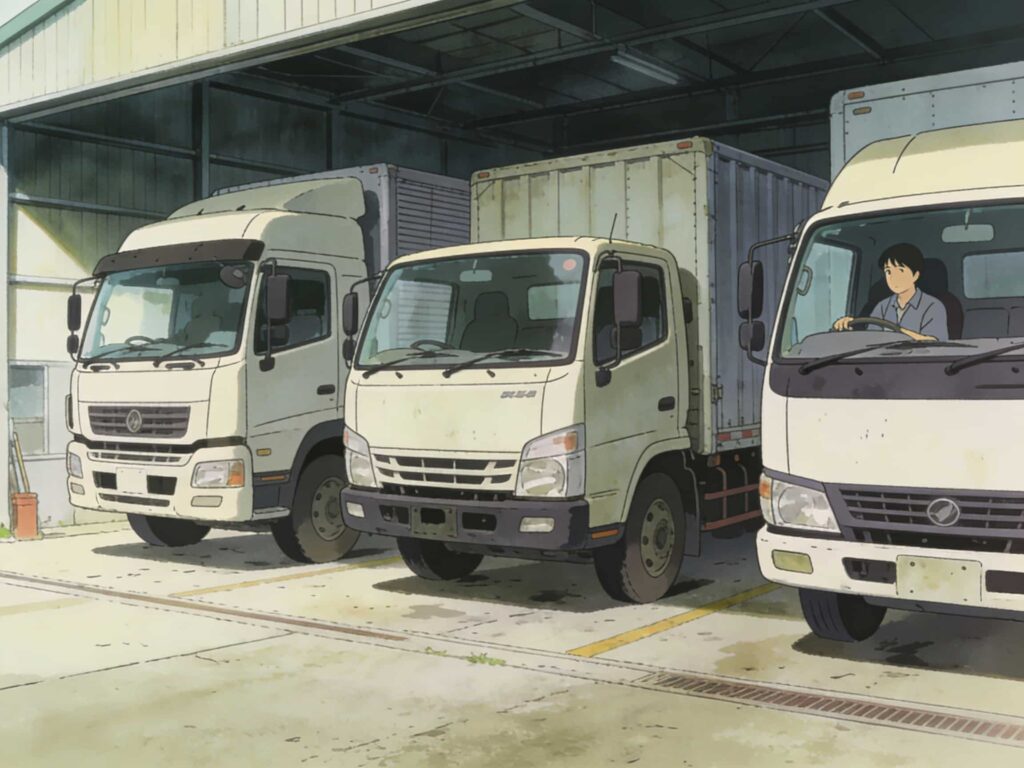 運転手不足で車庫のトラックが動かせない様子のイラスト