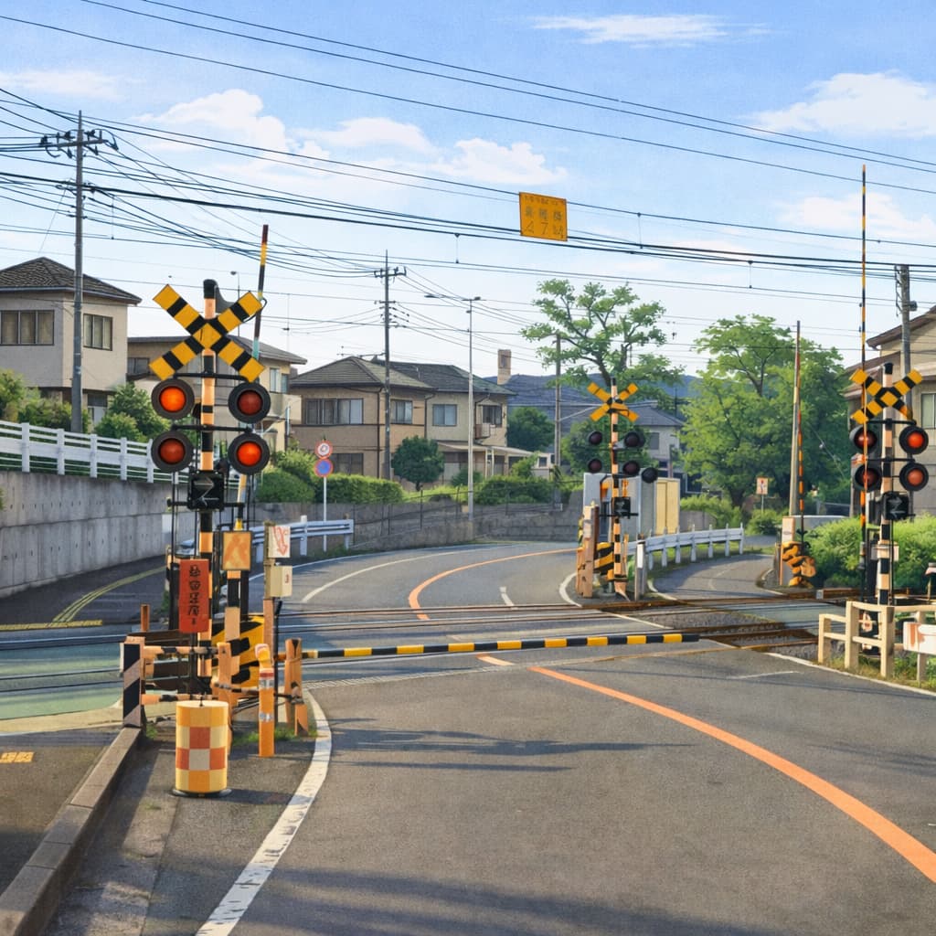踏切の先がカーブしていて通りにくそうな構造のイラスト