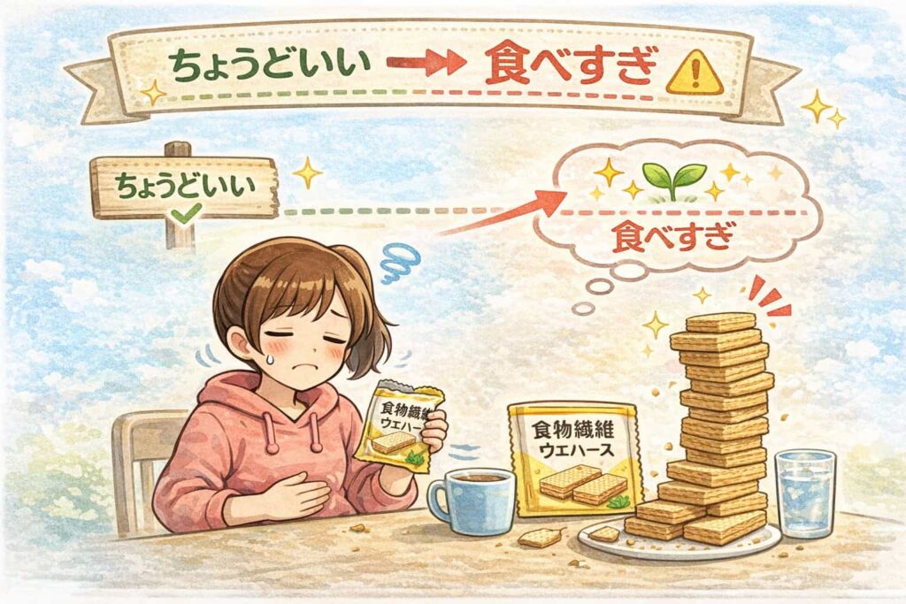 食物繊維ウエハースを食べすぎて、量の大切さを感じている様子のイラスト