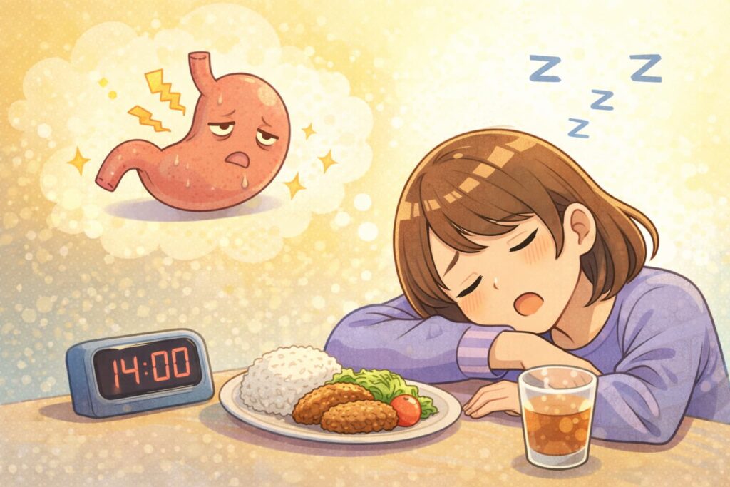 食後の強い眠気に襲われ、眠気覚ましに食べていた行動が逆効果だったと気づく場面のイラスト