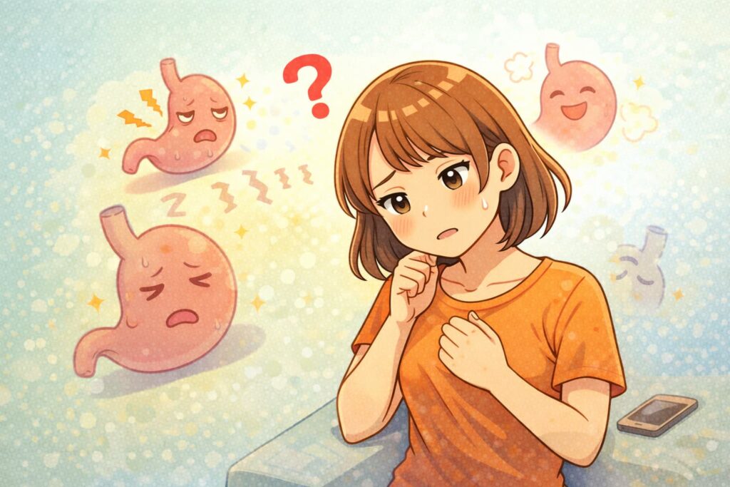 本当の空腹と口寂しさの違いに悩みながら、自分の体のサインを考えているダイエット中のイラスト