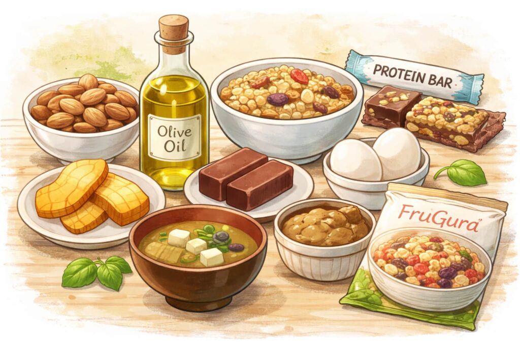 体にいいと思って食べていたアーモンドや干し芋、オリーブオイルなどのイラスト