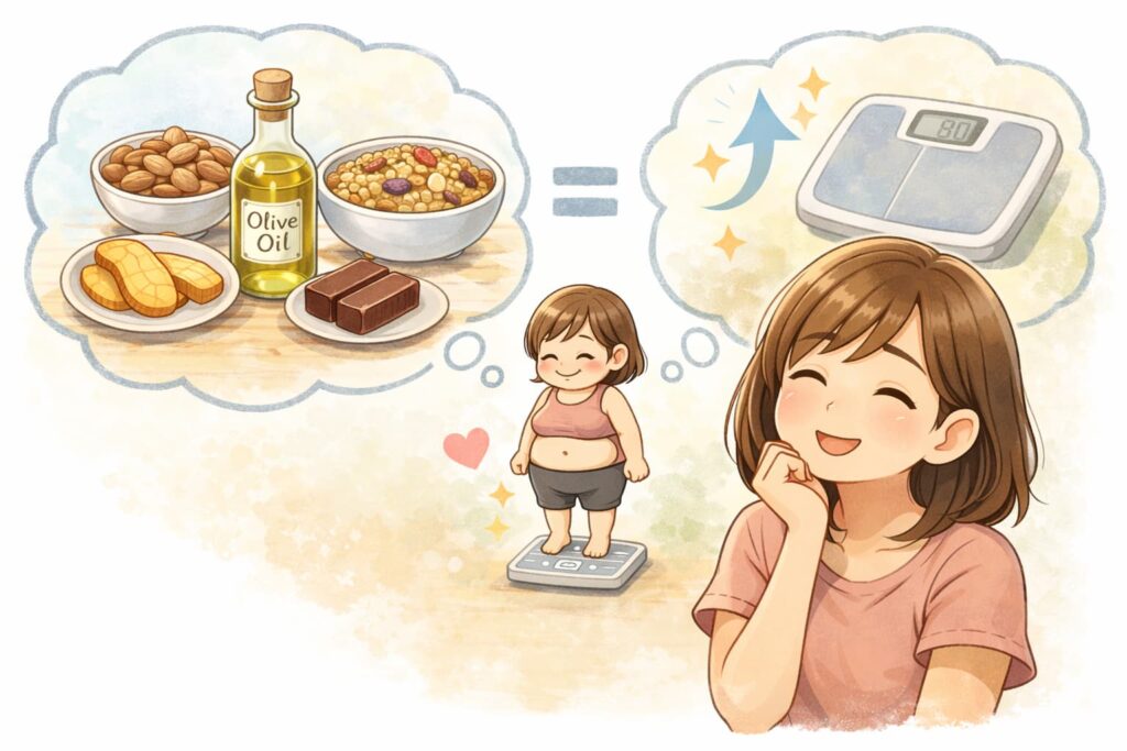 体にいい食事をすれば痩せると思い込んでいた様子を表したイラスト
