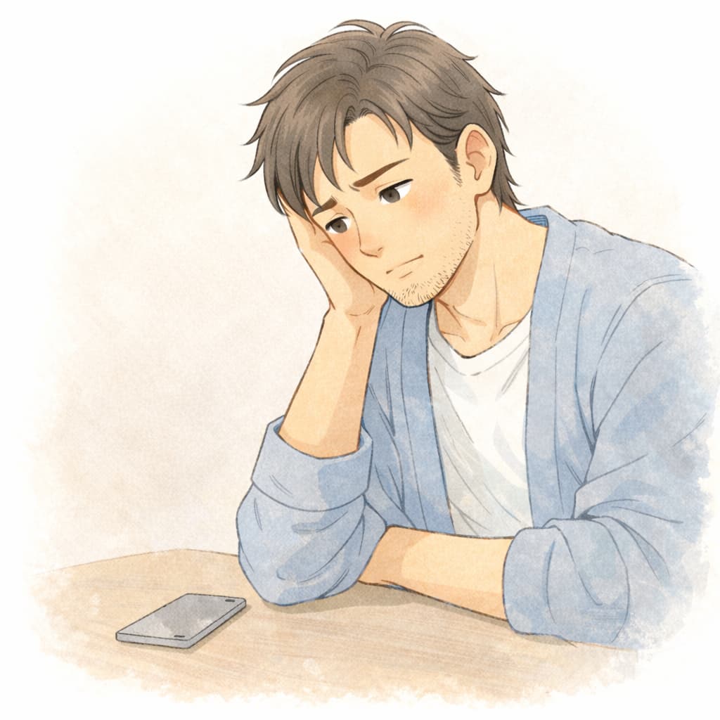 スマホをテーブルに置き、ひとりで考え込んでいる男性のイラスト