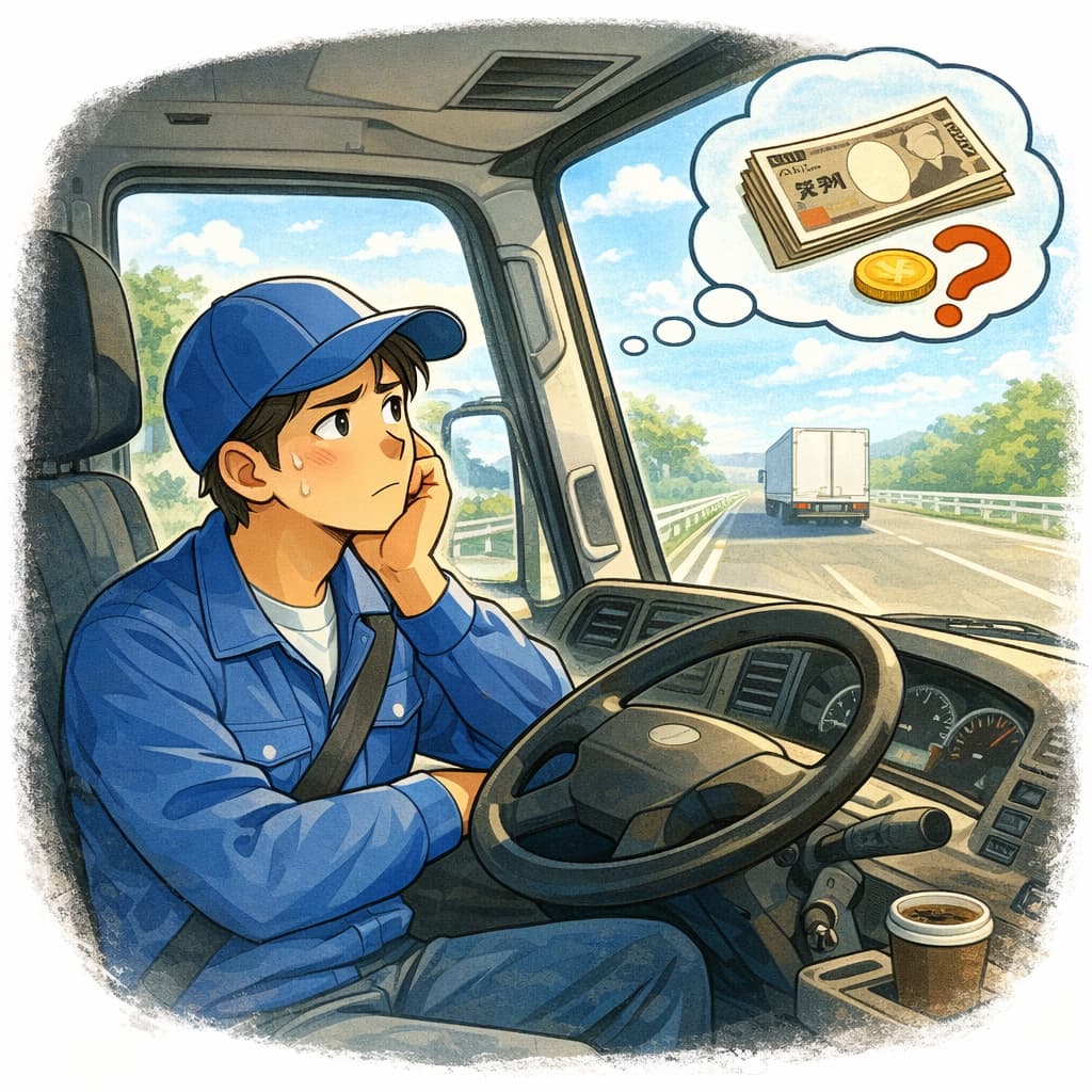 運転しながら収入について考えるトラック運転手のイラスト
