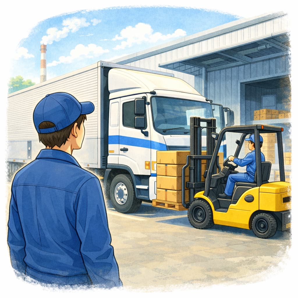 工場でフォークリフト作業を行うトラック運転手のイラスト