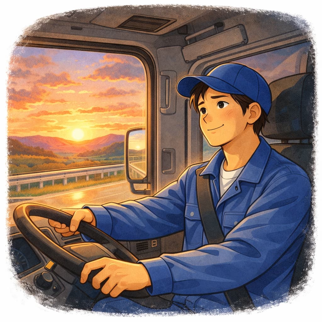 夕焼けの景色を見ながら運転するトラック運転手のイラスト