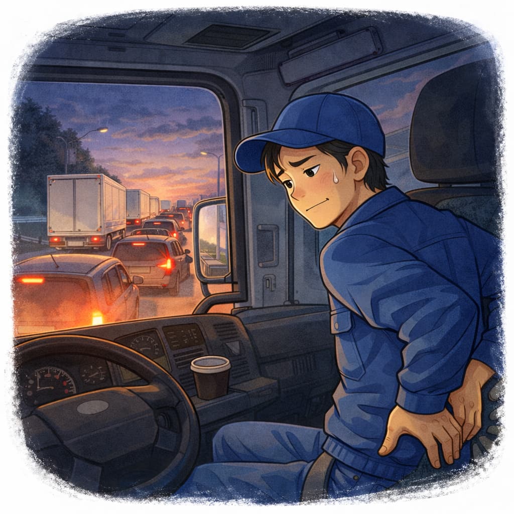 渋滞の中で腰の痛みを感じるトラック運転手のイラスト