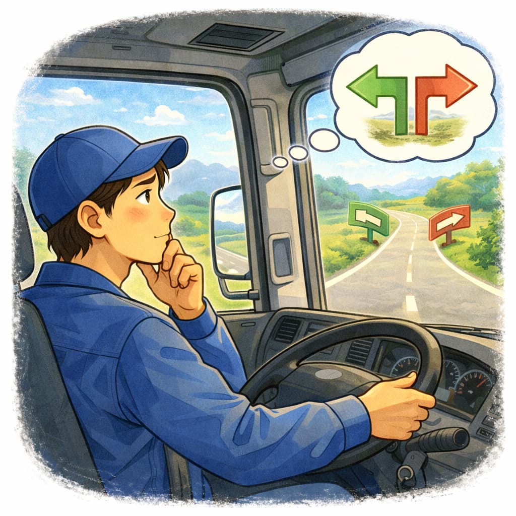 進路に迷いながら考えるトラック運転手のイラスト