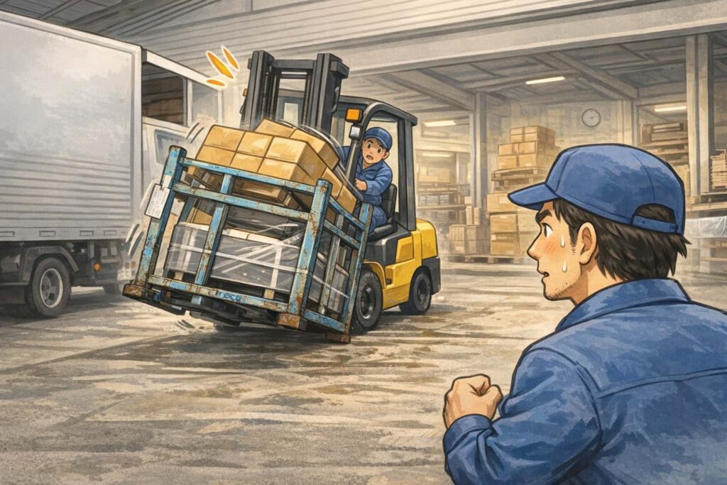 鉄パレットを持ち上げたフォークリフトで、荷物が滑ってズレている危険な状況