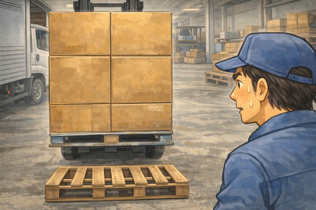 荷物で前方が見えない状態のフォークリフトが、死角にあるパレットに近づいている場面