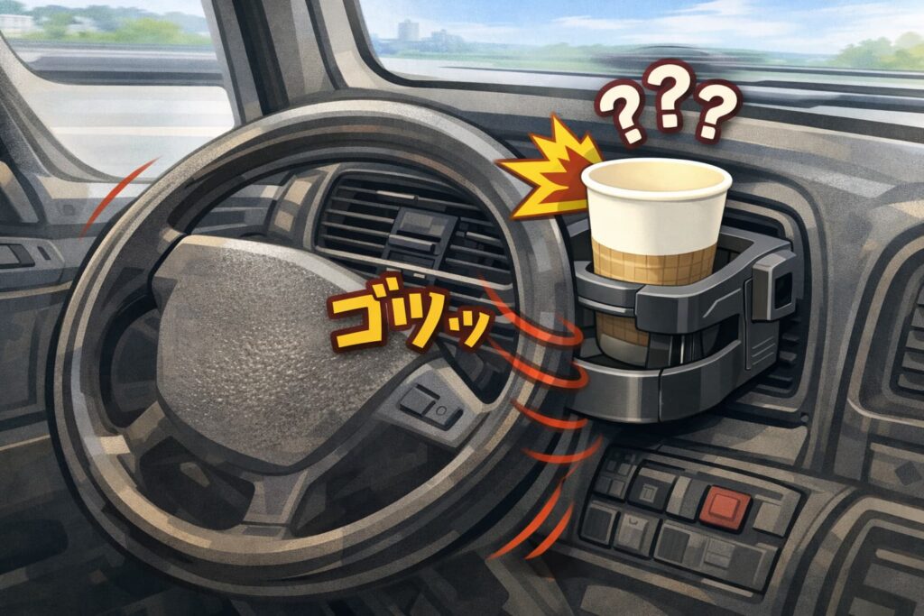 エアコン吹き出し口に付けたドリンクホルダーがハンドル操作の邪魔になっている車内のイラスト