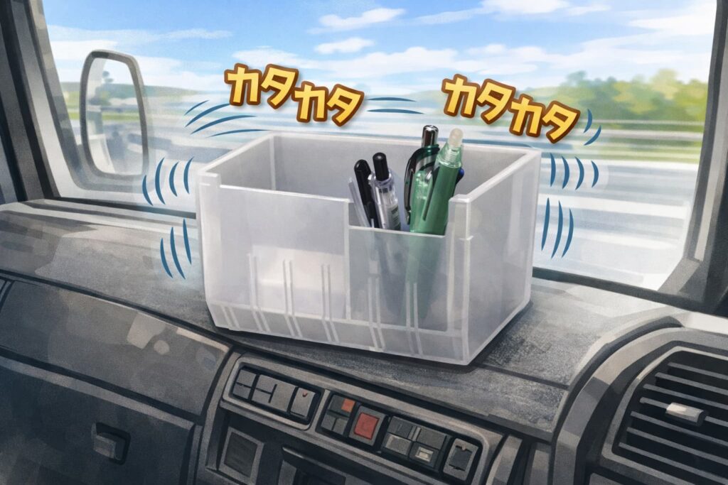 トラック走行中の振動で百均のプラスチック小物入れがカタカタ音を立てている様子のイラスト