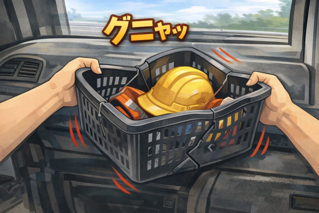 荷物を入れて持ち上げたプラスチック製カゴが歪んでしまうトラック車内のイラスト